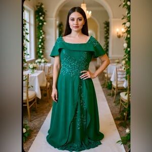 #702 Green Sequin appliqué draped collar Chiffon Gown-Size 6/Small